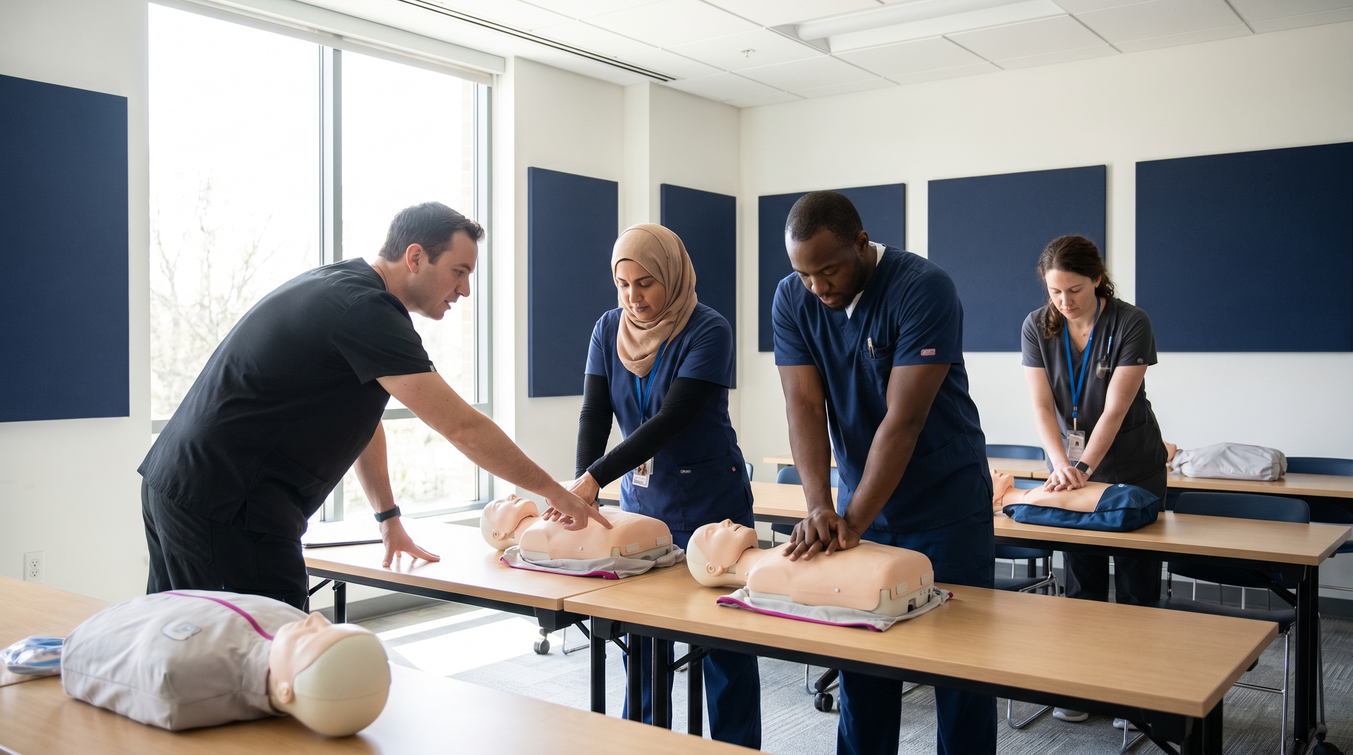Healthcare professionals practicing CPR with an instructor during an NJN training session